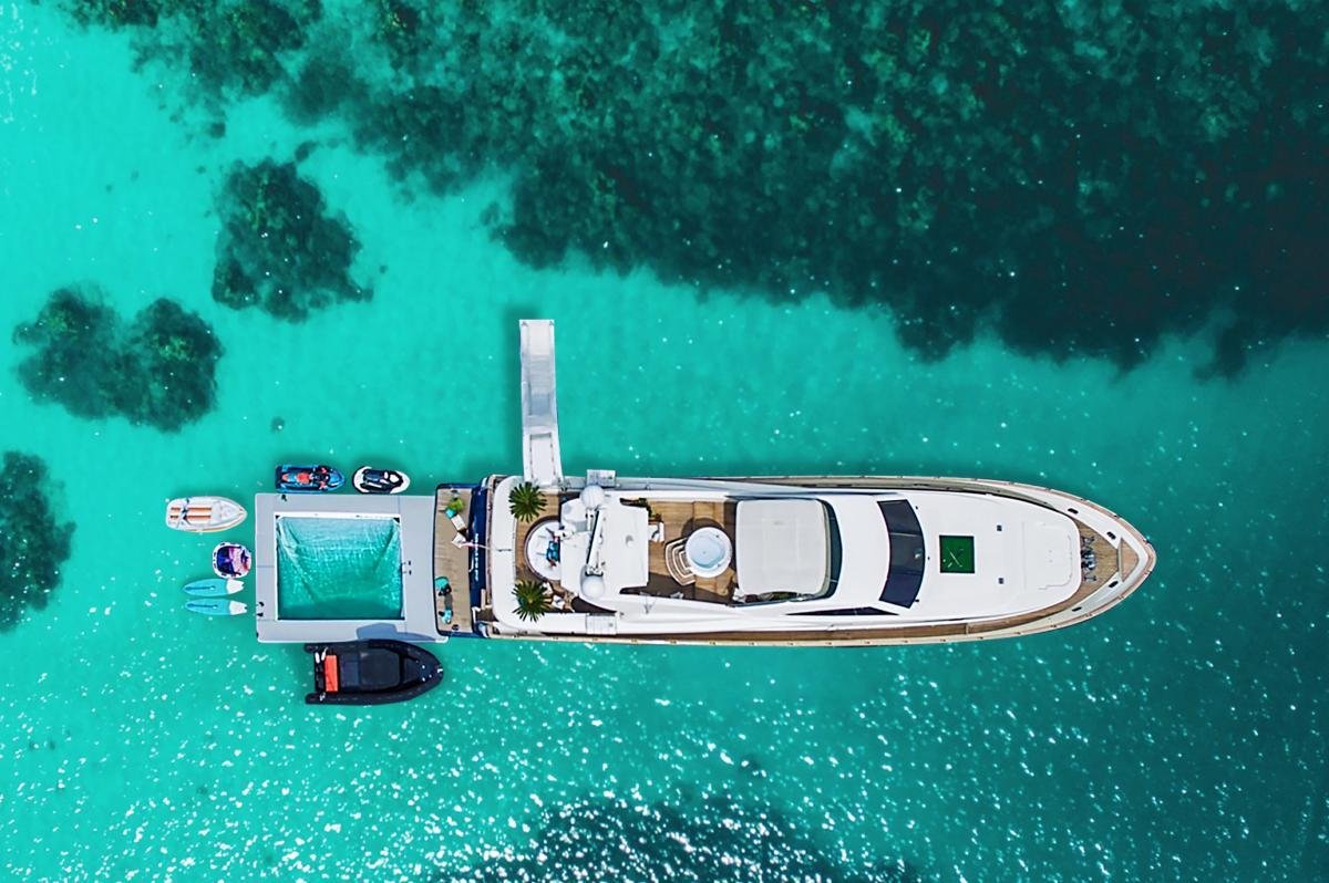 Andaman Eye 102 superyacht with sea pool, jet skis and tenders in Phuket