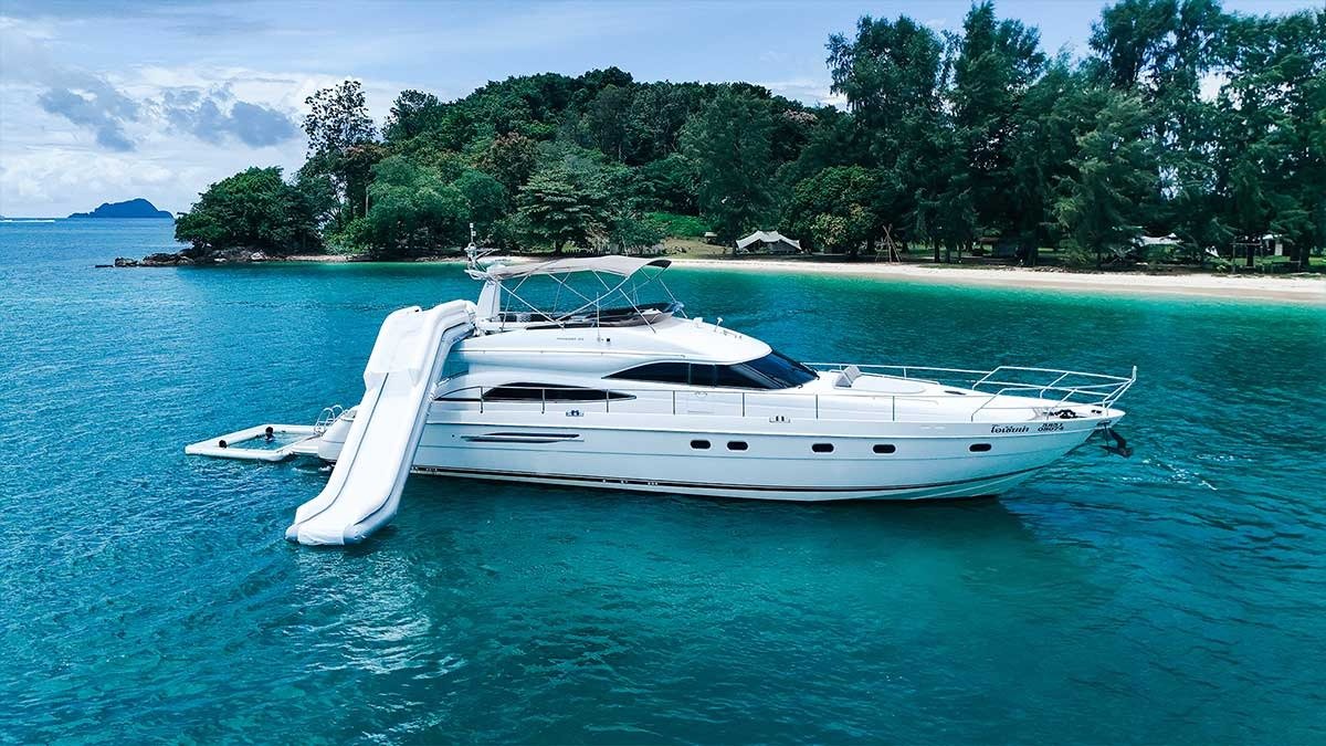 Andaman Eye 65 motor yacht with inflatable water slide and sea pool in Phuket