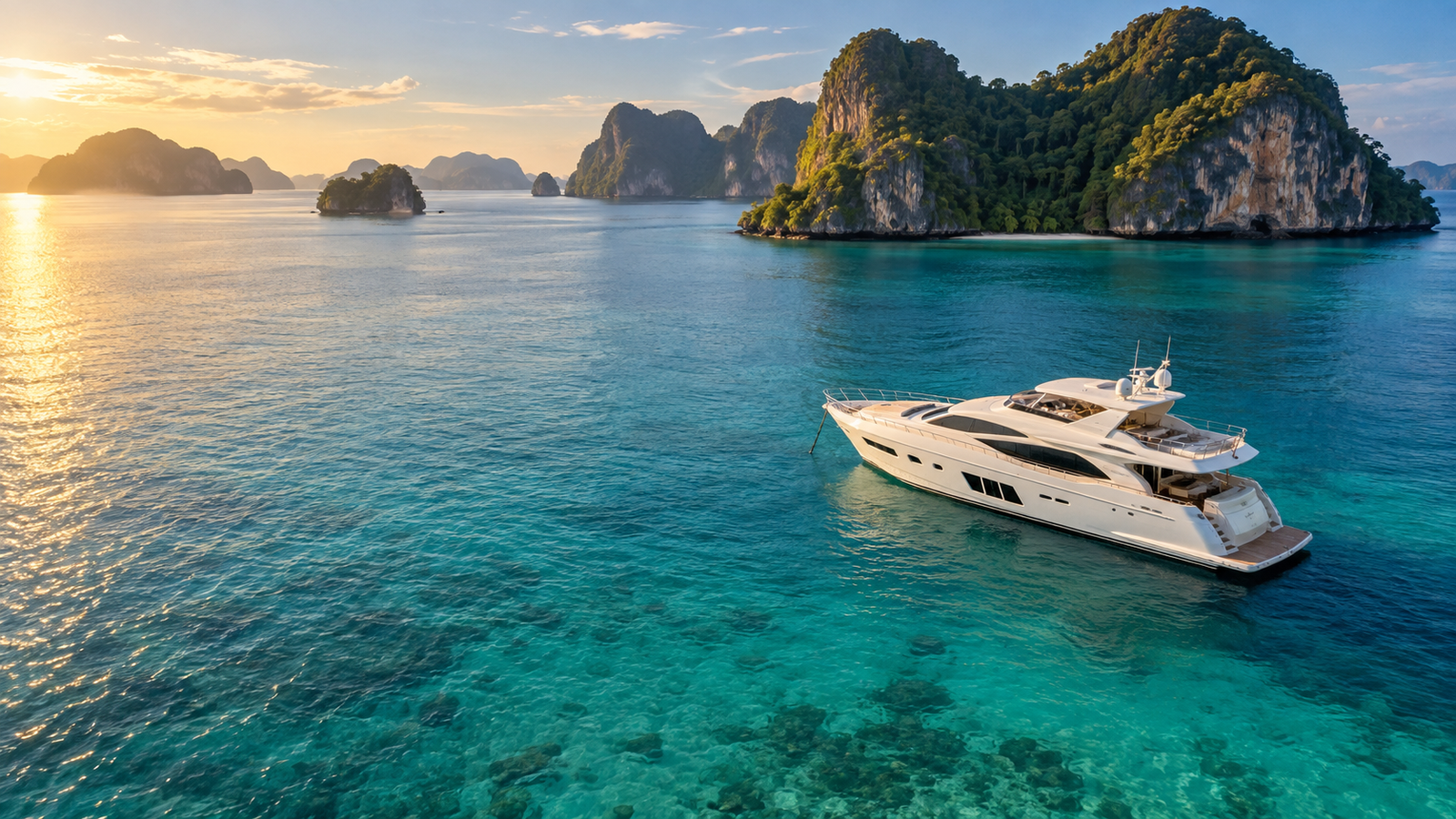 Luxury yacht at anchor in turquoise water among limestone islands near Phuket